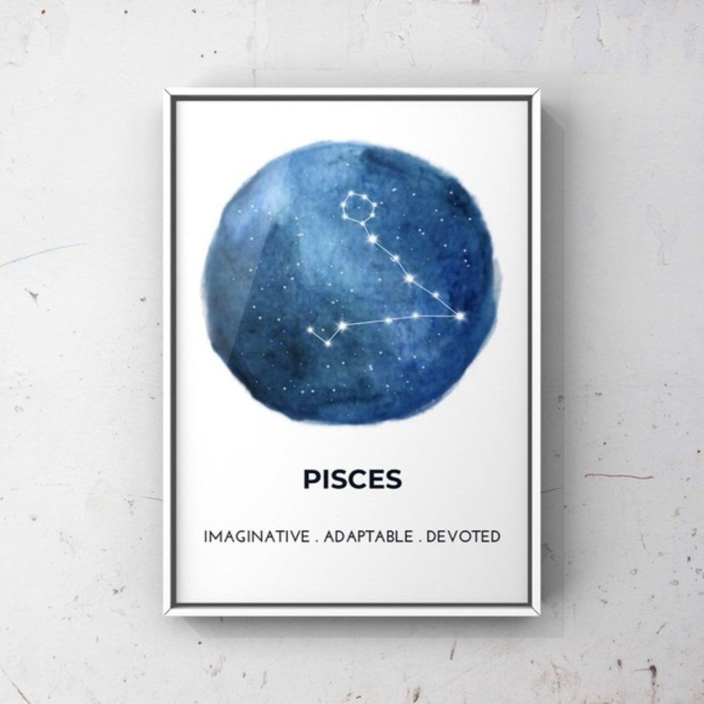 Pisces zodiac sign constellation blue art print